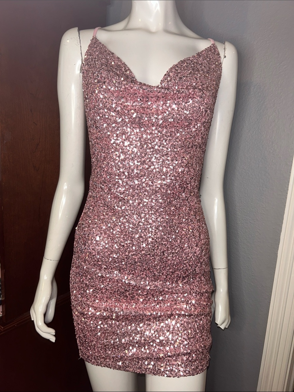 Sparkling Pink Sequin Cowl Neck Mini Dress